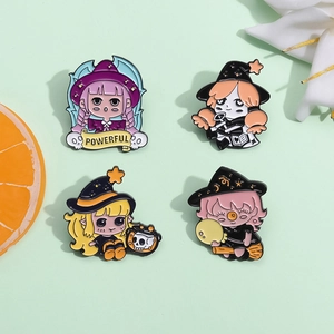 Cute Cartoon Anime Witch Enamel Brooches Powerful Magic Girl Alloy Lacquered Badge Pins For Halloween Party Clothes Accessories