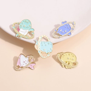 Cute Cartoon Planet Marine Animal Enamel Brooch Zinc Alloy Space Whale Medusa Turtle Seal Shark Badge For Clothes Bag Decoration Jewelry