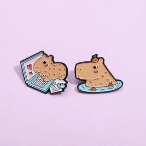 Cute capybara enamel brooch set with office laptop and bathing orange designs