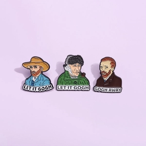 Détail de trois épingles en émail Van Gogh avec des jeux de mots créatifs sur fond violet