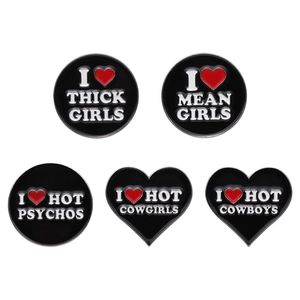 Lot de 5 épingles en émail noir avec texte blanc et motifs de cœur rouge pour femme