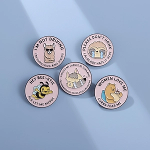 Set of 5 pink enamel pins featuring cartoon animals and humorous English quotes on blue base