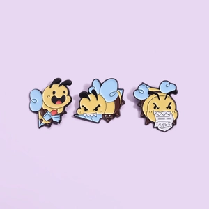 Set of three cute cartoon bee enamel pins featuring funny expressions and tax theme