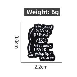 Minimalist black enamel Carl Jung quote brooch with dimensions 3.0cm by 2.2cm