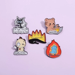 Funny Cartoon This Is Fine Meme Enamel Pin Alloy Lacquered Black Cat Flame Bear Brooch Trendy Clothing Badge Unisex Jewelry