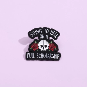 Gothic Skull Rose Brooch Going To Hell On A Full Scholarship Halloween Punk Enamel Pin For Women Men Funny Badge Alloy Jewelry Niche Gift