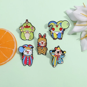 Five-piece set of circus-themed animal enamel pins featuring cute frog and cat designs
