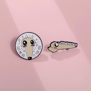 Cartoon greyhound enamel pin set with Let Me Do It For You text on purple background