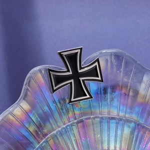 Classic black and silver German cross enamel brooch in a sleek metal uniform badge design