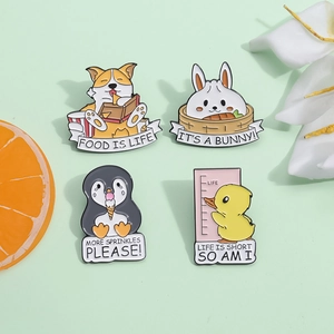 Cartoon animal enamel pins set featuring cute dog, bunny, penguin and duck badges