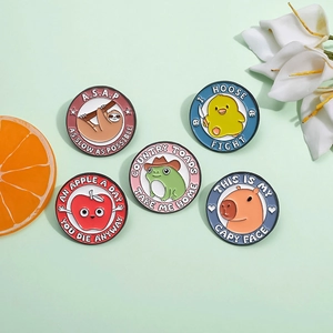 Set of 5 cartoon animal enamel pins featuring sloth, duck, frog and capybara designs