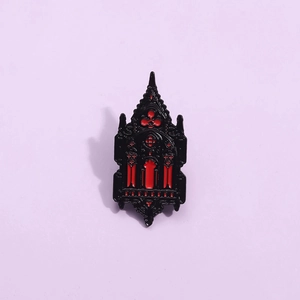 Gothic cathedral architectural enamel brooch in black metal and red finish