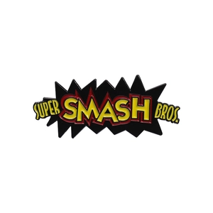 Classic Super Smash Bros. red and yellow enamel pin with a metal explosion star design