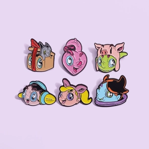 Set of 6 cute cartoon enamel pins featuring creative bows and floral character designs