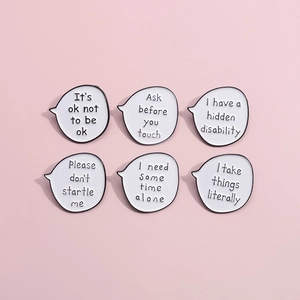 Set of 6 mental health speech bubble enamel pins with inspirational quotes on pink background