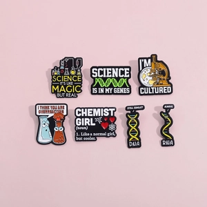 Set of 7 science enamel pins featuring DNA models and chemistry lab equipment symbols