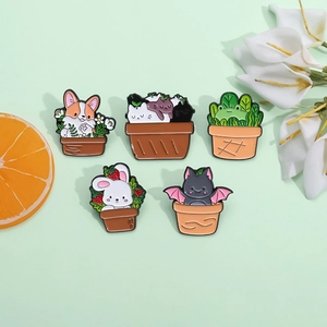 Lot de 5 épinglettes animaux et plantes en émail avec corgi chat et grenouille colorés