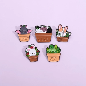 Mignonnes Broches en Émail d'Animaux en Pot de Dessins Animés en Alliage de Lapin Grenouille Chat Corgi Chauve-souris Épingles Bijoux Personnalisés de Mode Cadeau