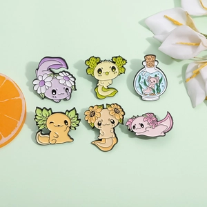 Set of 6 cute colorful axolotl enamel pins with flower and plant designs for backpacks