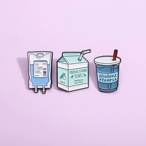 Funny Alloy Enamel Brooch Humorous Student Tears Medical Theme Cartoon Milk Carton Infusion Bag Drink Cup Lapel Pin For Bag Clothing