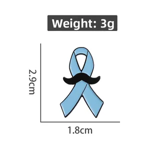 Detail view of light blue ribbon mustache pin with dimensions 2.9cm by 1.8cm
