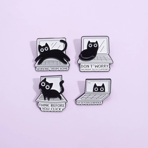 Enamel black cat lapel pin set with funny working from home computer themes for office workers