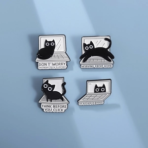 Funny black cat enamel pin set with cat programmer quotes on light blue background