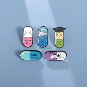 Creative Capsule Pill Enamel Pin Zinc Alloy Brooch Funny Quote Jewelry Badge For Clothes Bags Vitamin Sea Pharmacy Survivor Happy Chill