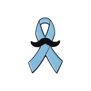 Blue ribbon brooch with black mustache for men's health awareness and charity events