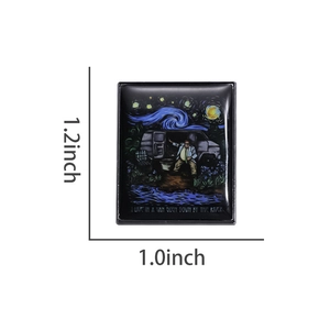 Detail showing Van Gogh style enamel pin dimensions of 1.2 inches by 1.0 inches