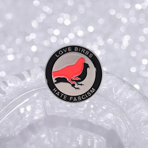 Double-sided bird enamel pin badge with Love Birbs and Hate Fascism text on glass