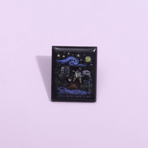 Artistic van life enamel pin with Starry Night style illustration and quote