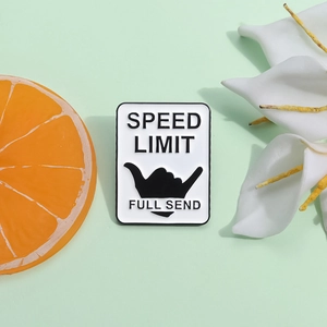 Rectangle enamel pin with Speed Limit Full Send text and Shaka sign on green background