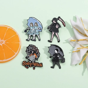 Set of four gothic enamel pins featuring cartoon characters with dark aesthetic and salty witch text