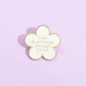 White flower enamel brooch with golden metal edge and Bible verse Philippians text