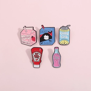 5-piece cute cartoon enamel pin set with milk, soda, and sauce bottle designs