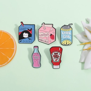 Creative set of 5 cartoon enamel pins featuring milk juice and soda bottle designs