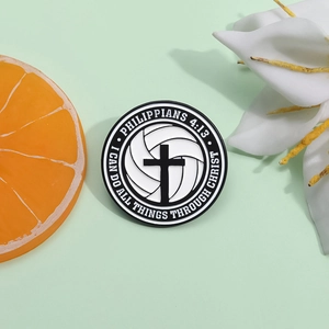 Volleyball Cross Bible Verse Alloy Brooch Round Enamel Badge Philippians 4 13 Religious Sporty Lapel Pin For Backpack Clothing