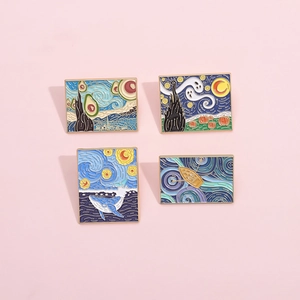 Ensemble de 4 broches émaillées style Nuit Étoilée de Van Gogh avec baleine et fantôme