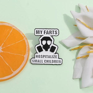 Funny enamel pin featuring a gas mask and humorous text on metal badge accessory