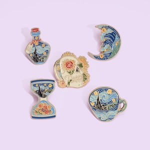 Van Gogh Artistic Enamel Brooch Pins For Women Men Alloy Starry Night Sunflower Skull Moon Coffee Cup Badge Pins Jewelry Gift