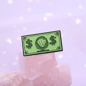 Épingle créative en émail en forme de billet vert avec motif coquillage et dollars