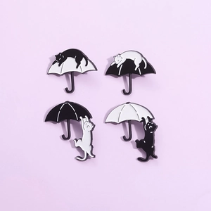 Cartoon Cat Umbrella Enamel Brooch Pin Funny Animal Badges Black White Kitty Lapel Pins For Clothing Bags Jewelry Gifts For Kids