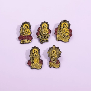 5-piece San Judas Tadeo metal enamel pins set with red roses on purple background
