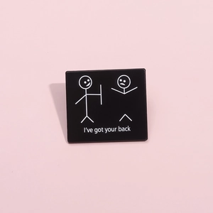 Funny square black enamel pin featuring I've Got Your Back stick figure design on pink background