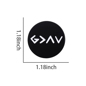 Detailed view showing 1.18 inch diameter dimensions of God is Greater metal badge