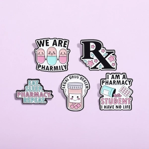 Creative Alloy Enamel Brooch Pharmacy Student Medical Theme Humorous Slogan Medicine Bottle Rx Symbol Cartoon Badges For Clothes Bag Decor