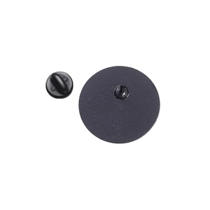 Detailed back view of a metal pin featuring a sturdy needle and black rubber clutch backing