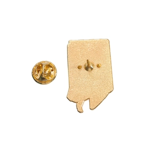 Detailed back view of gold metal pin with matte texture and butterfly clasp fastener