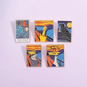 5pcs artistic enamel pin set featuring Starry Night and The Scream parody designs